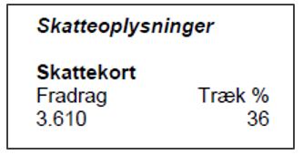 Skatteoplysning med eksempel på fradrag (3610 kr) og Træk % (36)