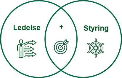 Figuren viser to cirkler, der overlapper hinanden, som en illustration af, at der er et overlap mellem styring og ledelse.