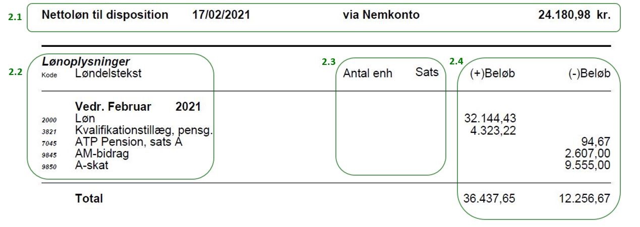 Afsnit "lønoplysninger" fra lønseddel