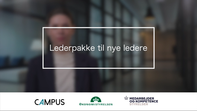 Billedet viser introduktionsvideoen for e-læringsforløbet, samt logoet for Campus, Økonomistyrelsen og Medarbejder- og Kompetencestyrelsen