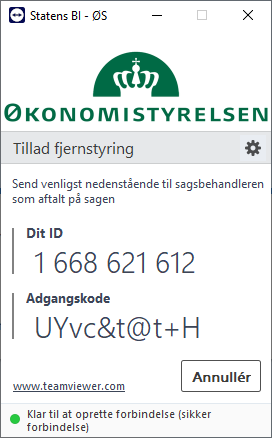 Skærmbillede af fjernsupport via TeamViewer