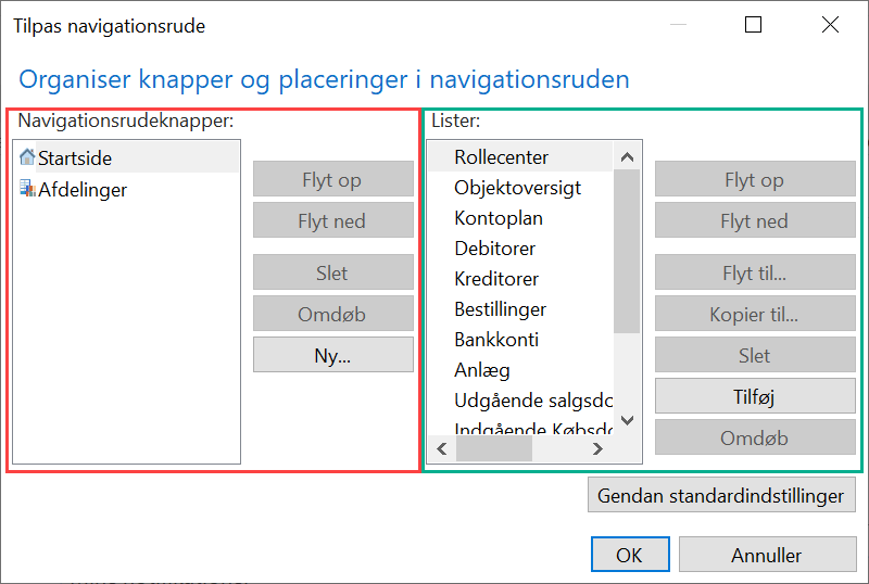 Til venstre ses en oversigt over Navigationsrudeknapper, der figurerer i navigationsruden. Til højre fremgår de lister, der vises ved tryk på den gældende navigationsrudeknap.