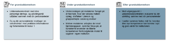 I ovenstående figur fremgår beskrivelser af din personlige læring før, under og efter kurset. Herunder hvilke læringsaktiviteter kurset består af, så som diskussioner i plenum, gruppearbejde og casearbejde.